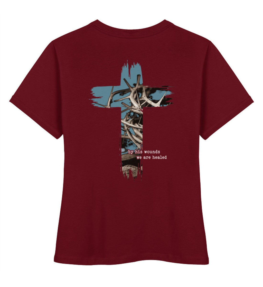 HEALED BY HIS WOUNDS STREETWEAR FRAUEN SHIRT BACKPRINT - Damen Premium Organic Shirt Stella Muser Shirt ST/ST Shirtee Burgundy XS 