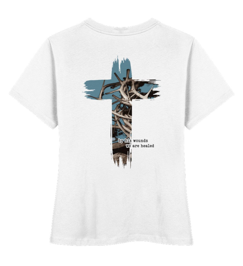 HEALED BY HIS WOUNDS STREETWEAR FRAUEN SHIRT BACKPRINT - Damen Premium Organic Shirt Stella Muser Shirt ST/ST Shirtee White XS 