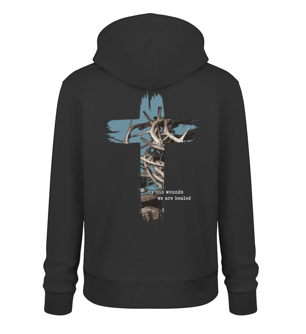 Christlicher Hoodie HEALED BY HIS WOUNDS in Schwarz, Rückansicht mit Rückenprint, 100% Bio-Baumwolle