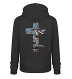 Christlicher Hoodie HEALED BY HIS WOUNDS in Schwarz, Rückansicht mit Rückenprint, 100% Bio-Baumwolle