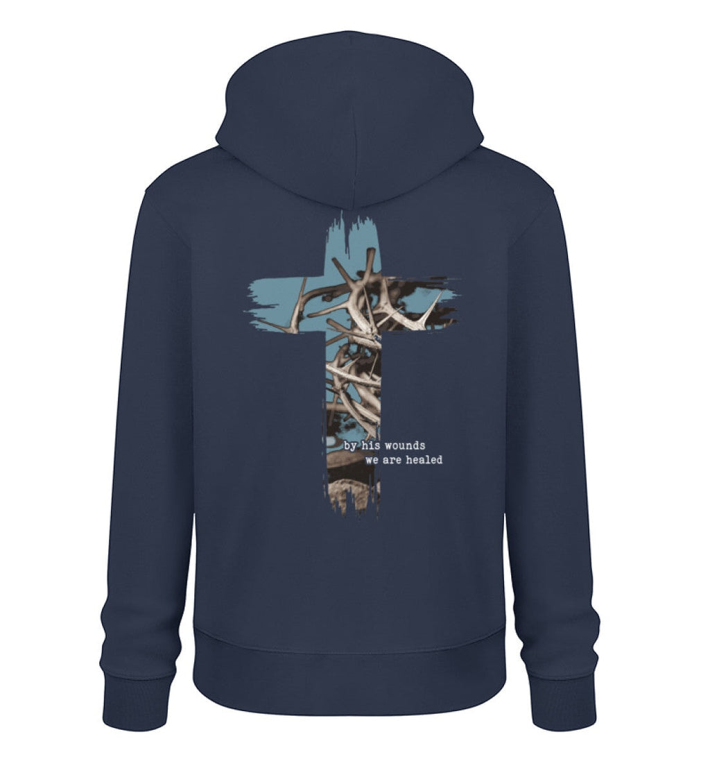 Christlicher Hoodie HEALED BY HIS WOUNDS in Dunkelblau, Rückansicht mit Rückenprint, 100% Bio-Baumwolle