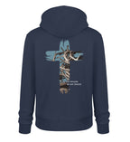 Christlicher Hoodie HEALED BY HIS WOUNDS in Dunkelblau, Rückansicht mit Rückenprint, 100% Bio-Baumwolle