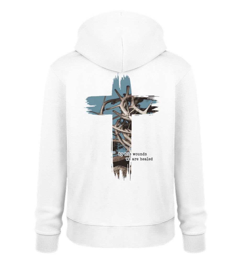 Christlicher Hoodie HEALED BY HIS WOUNDS in Weiß, Rückansicht mit Rückenprint, 100% Bio-Baumwolle