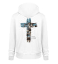 Christlicher Hoodie HEALED BY HIS WOUNDS in Weiß, Rückansicht mit Rückenprint, 100% Bio-Baumwolle