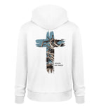 Christlicher Hoodie HEALED BY HIS WOUNDS in Weiß, Rückansicht mit Rückenprint, 100% Bio-Baumwolle