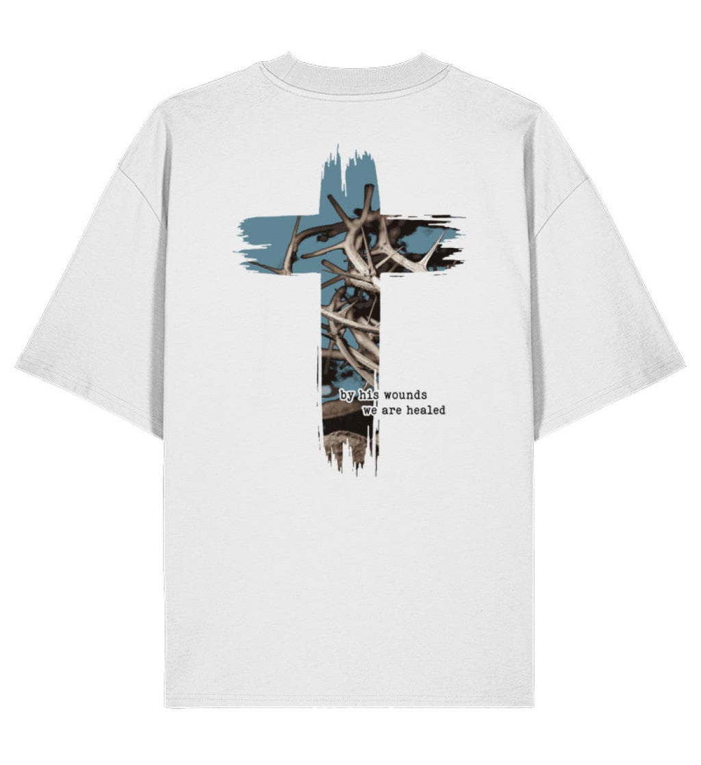 Christliches Oversized Shirt HEALED BY HIS WOUNDS in Weiß, Rückansicht mit Rückenprint, 100% Bio-Baumwolle