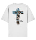 Christliches Oversized Shirt HEALED BY HIS WOUNDS in Weiß, Rückansicht mit Rückenprint, 100% Bio-Baumwolle