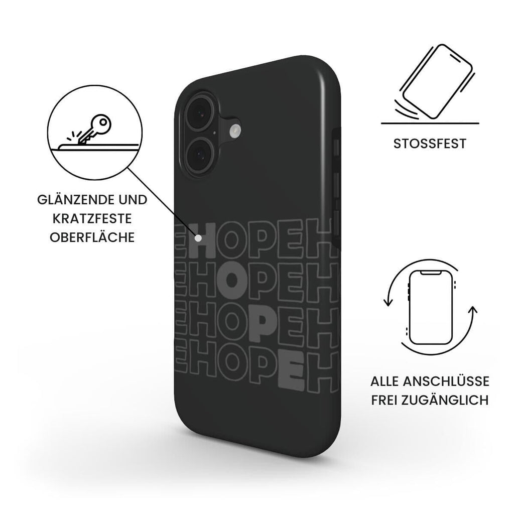 Robuste Handyhülle HOPE in Anthrazit mit Produktmerkmalen und Icons für iPhone – Infografik