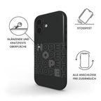 Robuste Handyhülle HOPE in Anthrazit mit Produktmerkmalen und Icons für iPhone – Infografik