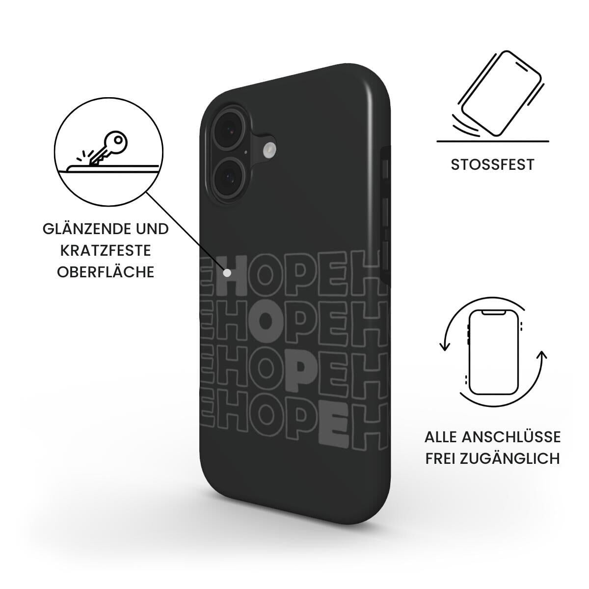 Robuste Handyhülle HOPE in Anthrazit mit Produktmerkmalen und Icons für iPhone – Infografik