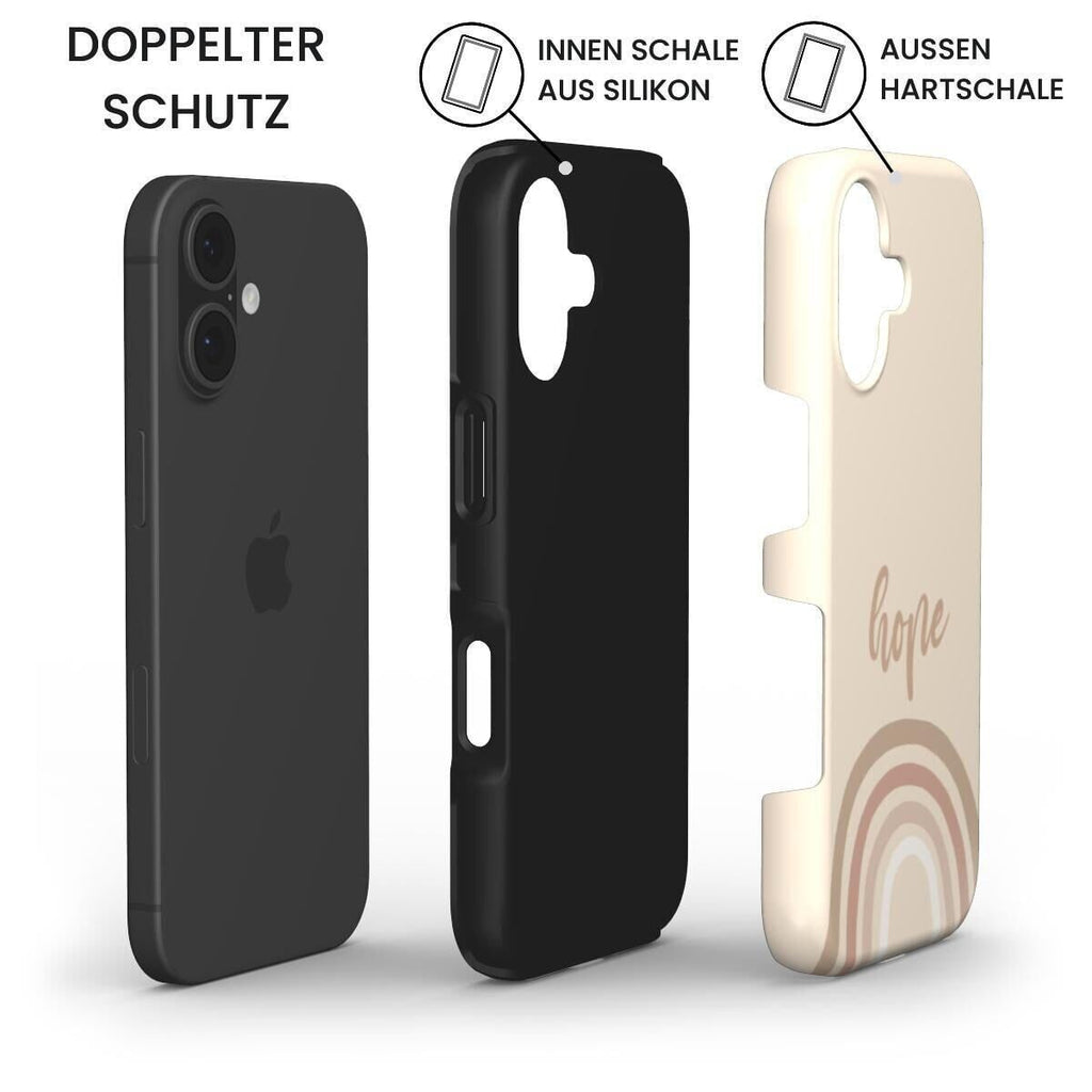 Hochwertige Handyhülle HOPE in Beige mit iPhone und schwarzer Silikon-Innenschale – Infografik