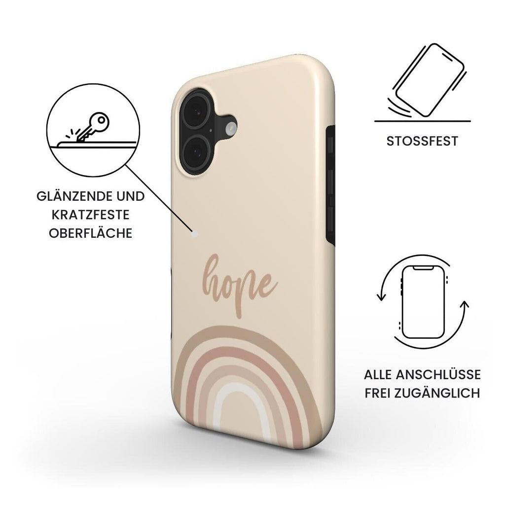 Hochwertige Handyhülle HOPE in Beige mit Produktmerkmalen und Regenbogen-Design – Infografik