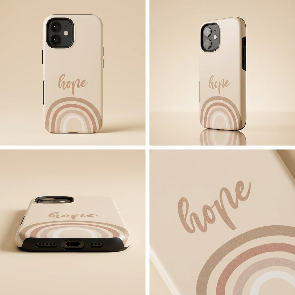 Robuste Handyhülle HOPE in beige mit boho-Regenbogen-Design in vier Ansichten – Produktfotografie