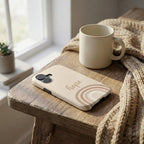 Robuste Handyhülle HOPE in Beige auf rustikalem Holztisch neben Keramiktasse und Strickdecke – Lifestyle