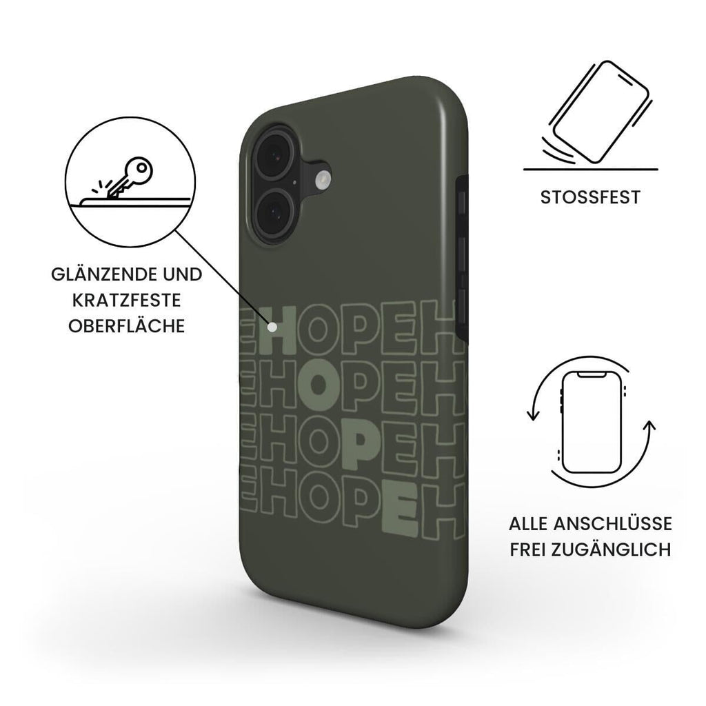 Robuste Handyhülle HOPE in olivgrün mit Produktfeatures kratzfeste Oberfläche und Stoßfestigkeit – Infografik