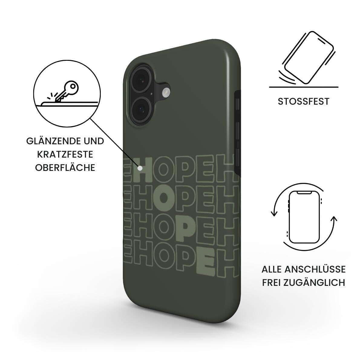 Robuste Handyhülle HOPE in olivgrün mit Produktfeatures kratzfeste Oberfläche und Stoßfestigkeit – Infografik