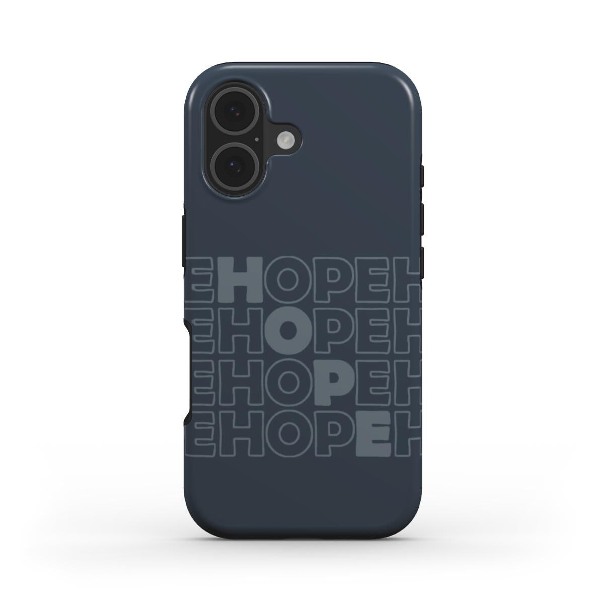 Christliche Handyhülle HOPE in Nachtblau mit modernem Typografie-Design auf weißem Hintergrund – Vorderseite