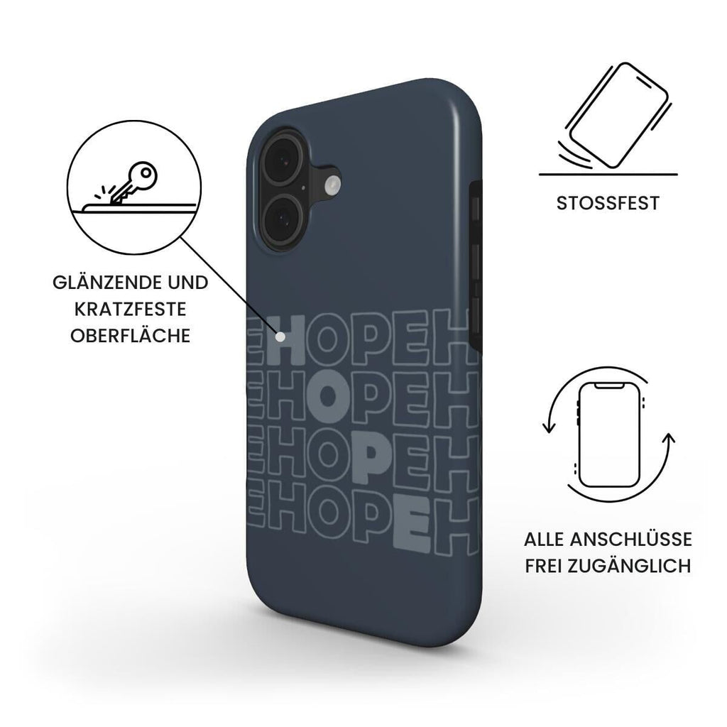 Robuste Handyhülle HOPE in Nachtblau mit Produktfeatures-Infografik – Infografik