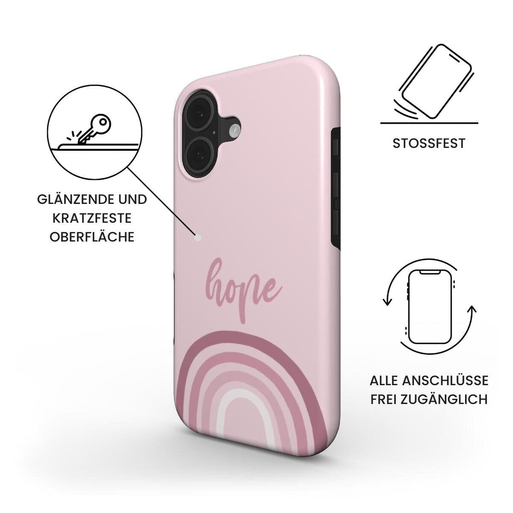 Robuste Handyhülle HOPE in Rosa mit Regenbogen-Design und deutschen Produktmerkmalen – Infografik