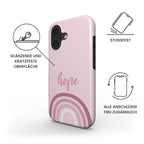Robuste Handyhülle HOPE in Rosa mit Regenbogen-Design und deutschen Produktmerkmalen – Infografik
