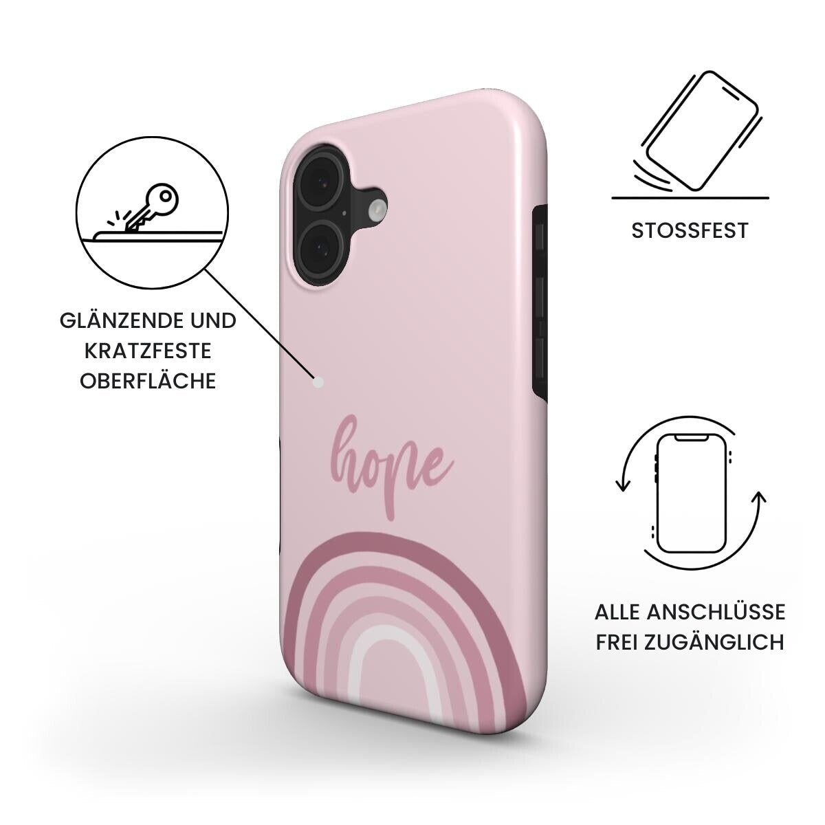 Robuste Handyhülle HOPE in Rosa mit Regenbogen-Design und deutschen Produktmerkmalen – Infografik