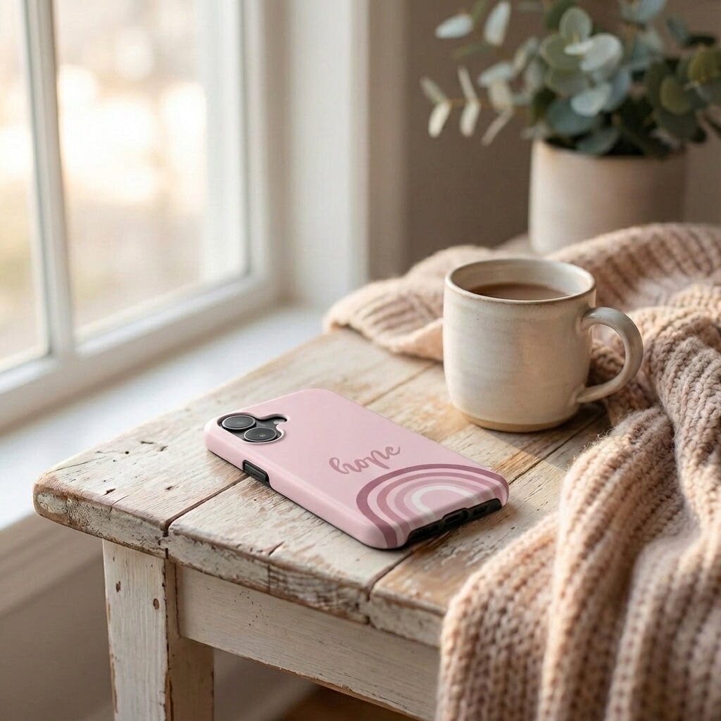 Robuste Handyhülle HOPE in Rosa auf iPhone, liegt neben Tasse und Pflanze auf Holztisch – Lifestyle