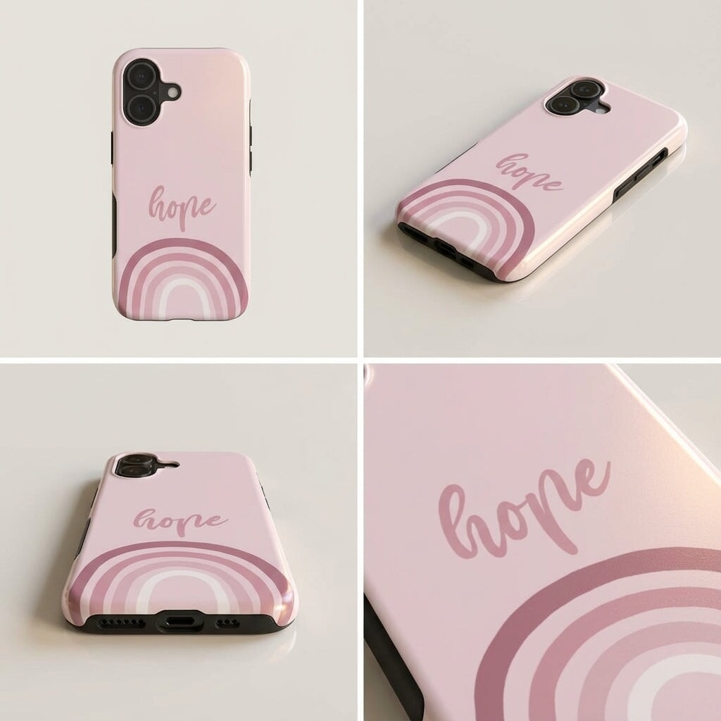 Handyhülle mit Motiv HOPE in rosa mit Rainbow-Design aus vier Blickwinkeln – Produktansicht
