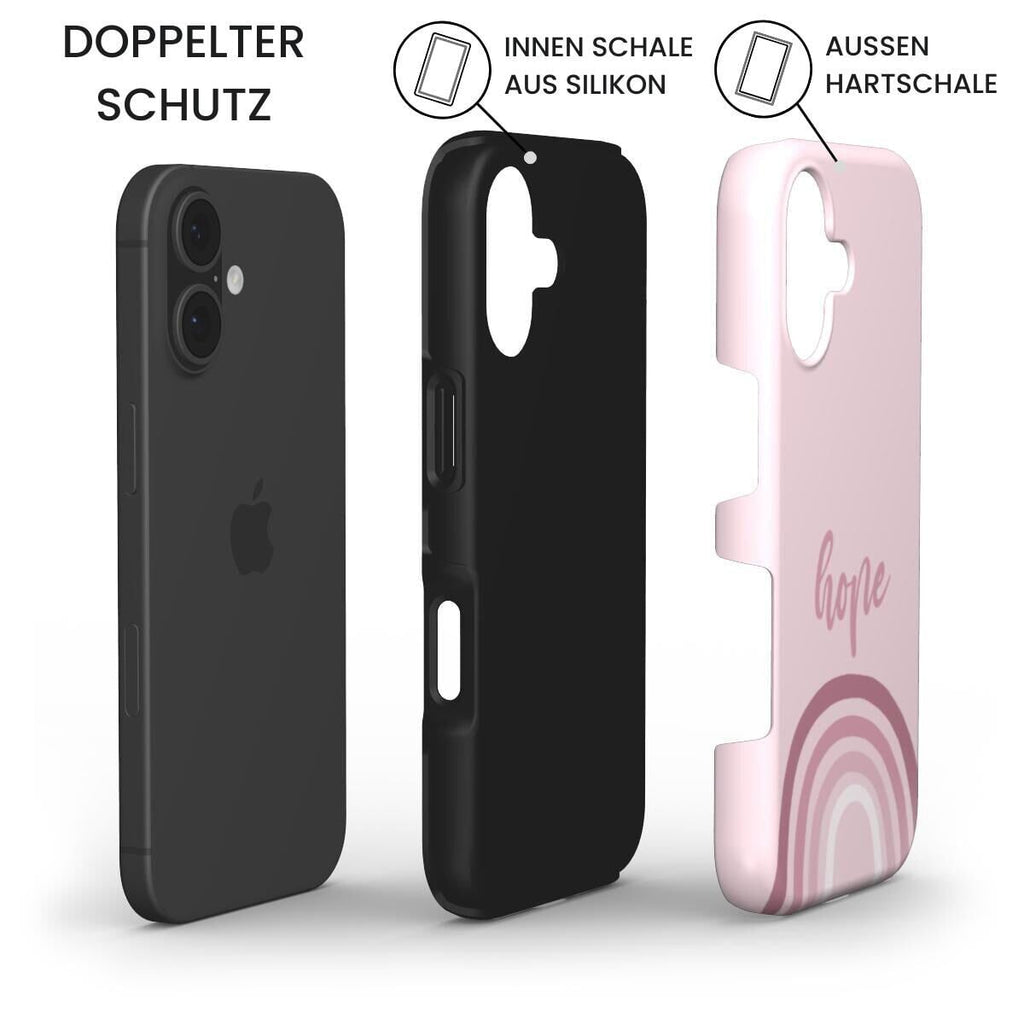 Robuste Handyhülle HOPE mit doppeltem Schutz: iPhone, schwarze Silikon-Innenschale und rosa Hartschale – Infografik