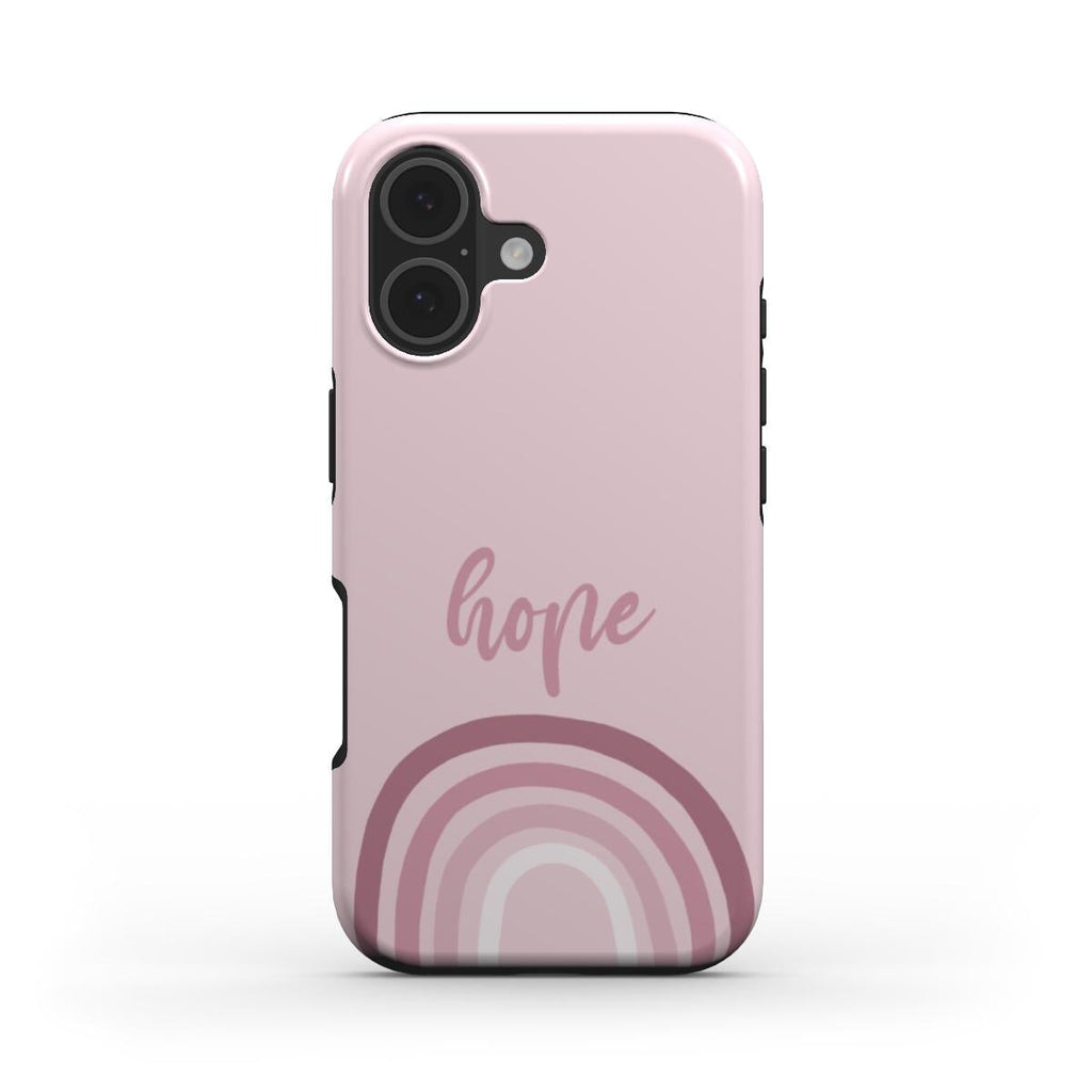 Christliche Handyhülle HOPE in Rosa mit Regenbogen-Design und schwarzen Bumper-Kanten auf weißem Hintergrund – Vorderseite
