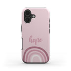 Christliche Handyhülle HOPE in Rosa mit Regenbogen-Design und schwarzen Bumper-Kanten auf weißem Hintergrund – Vorderseite