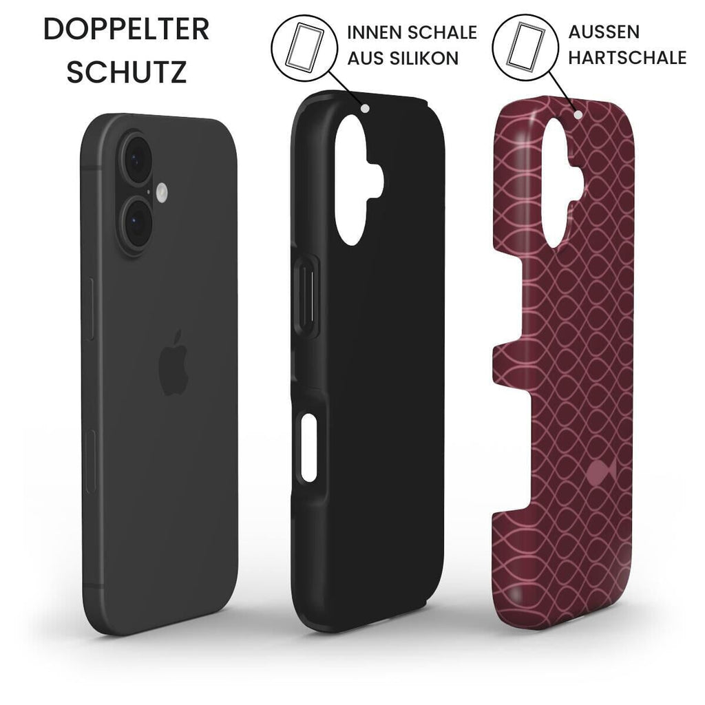 Robuste Handyhülle Ichthys mit doppeltem Schutz: iPhone, Silikon-Innenschale und burgundy Hartschale – Infografik