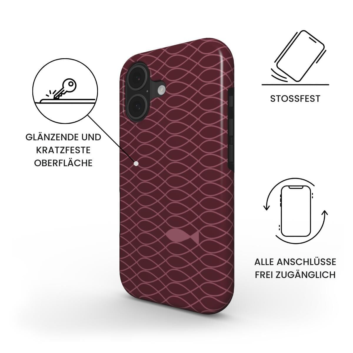 Robuste Handyhülle Ichthys in Dunkelrot mit geometrischem Muster und Produktmerkmalen – Infografik