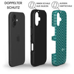 Robuste Handyhülle Ichthys mit doppeltem Schutz: iPhone, schwarze Silikon-Innenschale, türkise Hartschale – Infografik