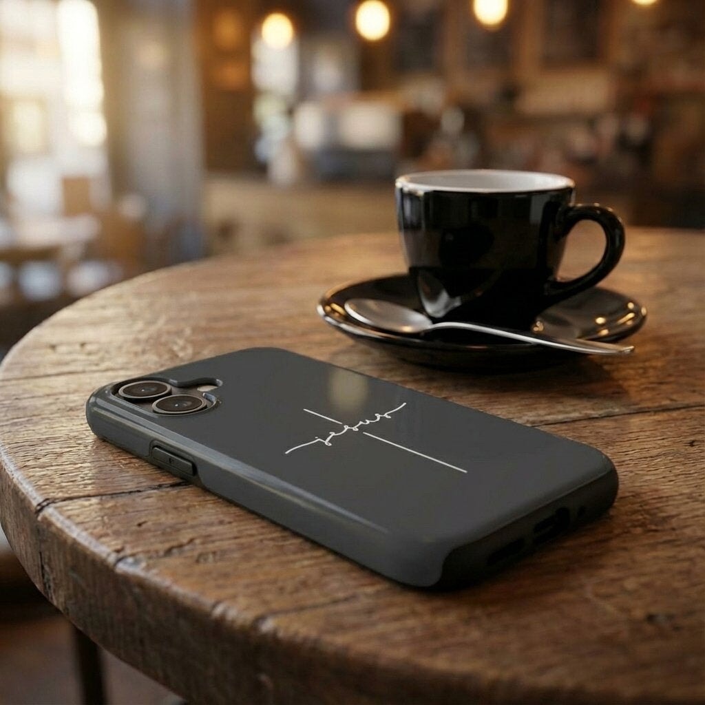 Handyhülle mit Motiv JESUS CROSS in anthrazit auf Holztisch neben Kaffeetasse – Lifestyle