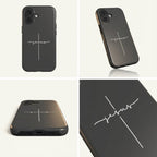 Robuste Handyhülle JESUS CROSS in anthrazit aus vier Winkeln mit weißem Schriftzug – Produktansicht