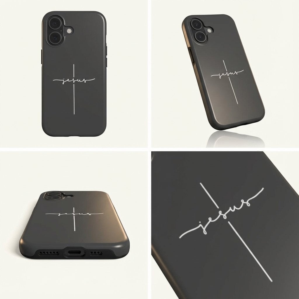 Robuste Handyhülle JESUS CROSS in anthrazit aus vier Winkeln mit weißem Schriftzug – Produktansicht