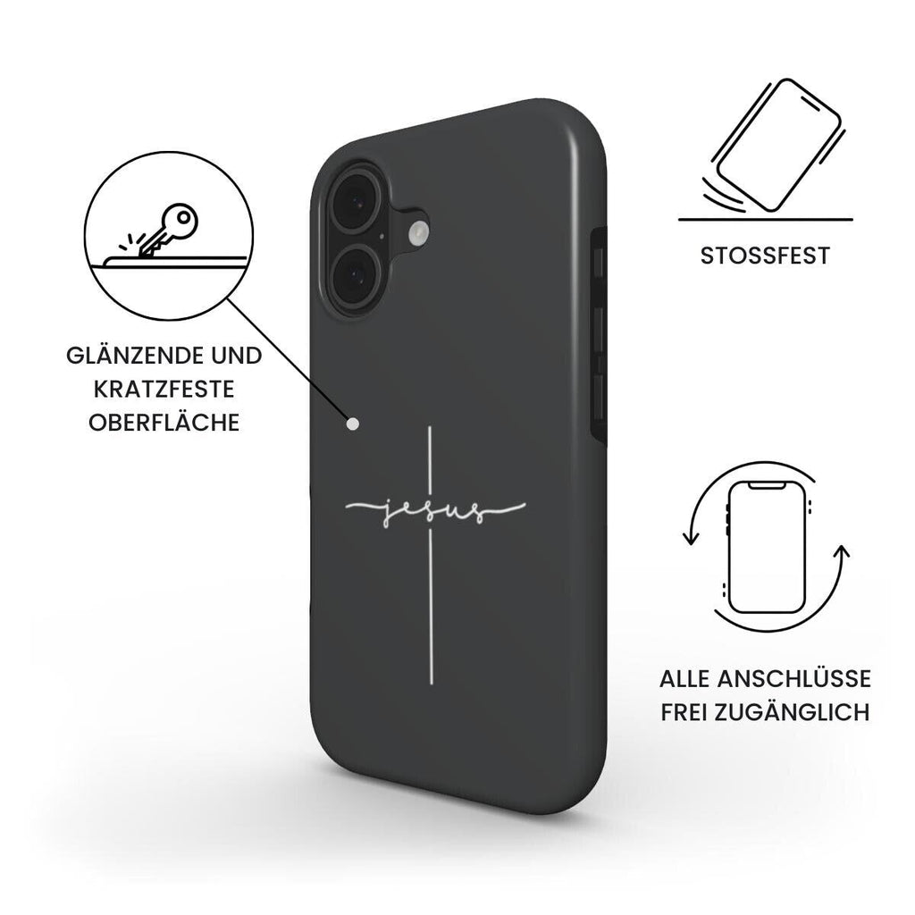 Robuste Handyhülle JESUS CROSS in anthrazit mit Produktfeatures-Grafik und deutschen Beschreibungen – Infografik
