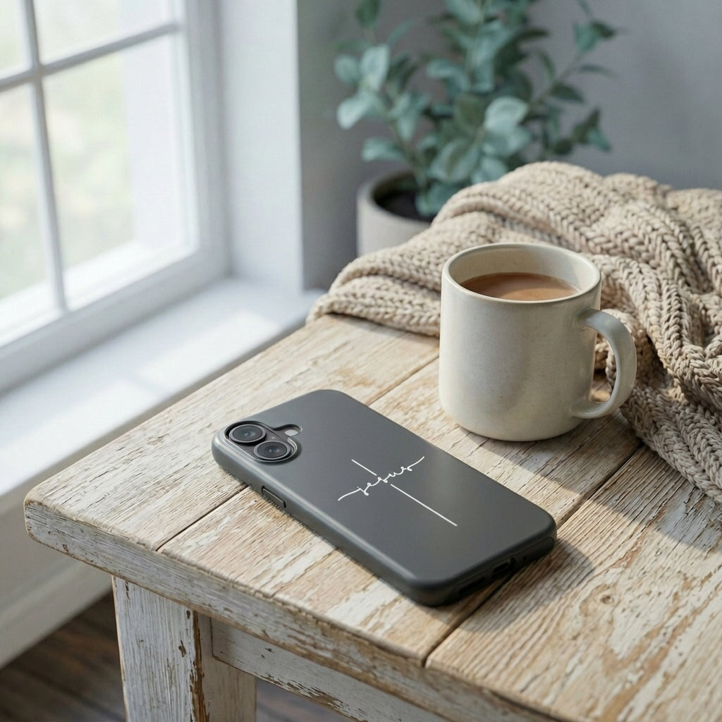 Handyhülle Glaube JESUS CROSS in anthrazit auf Holztisch neben Kaffeetasse und Strickdecke – Lifestyle