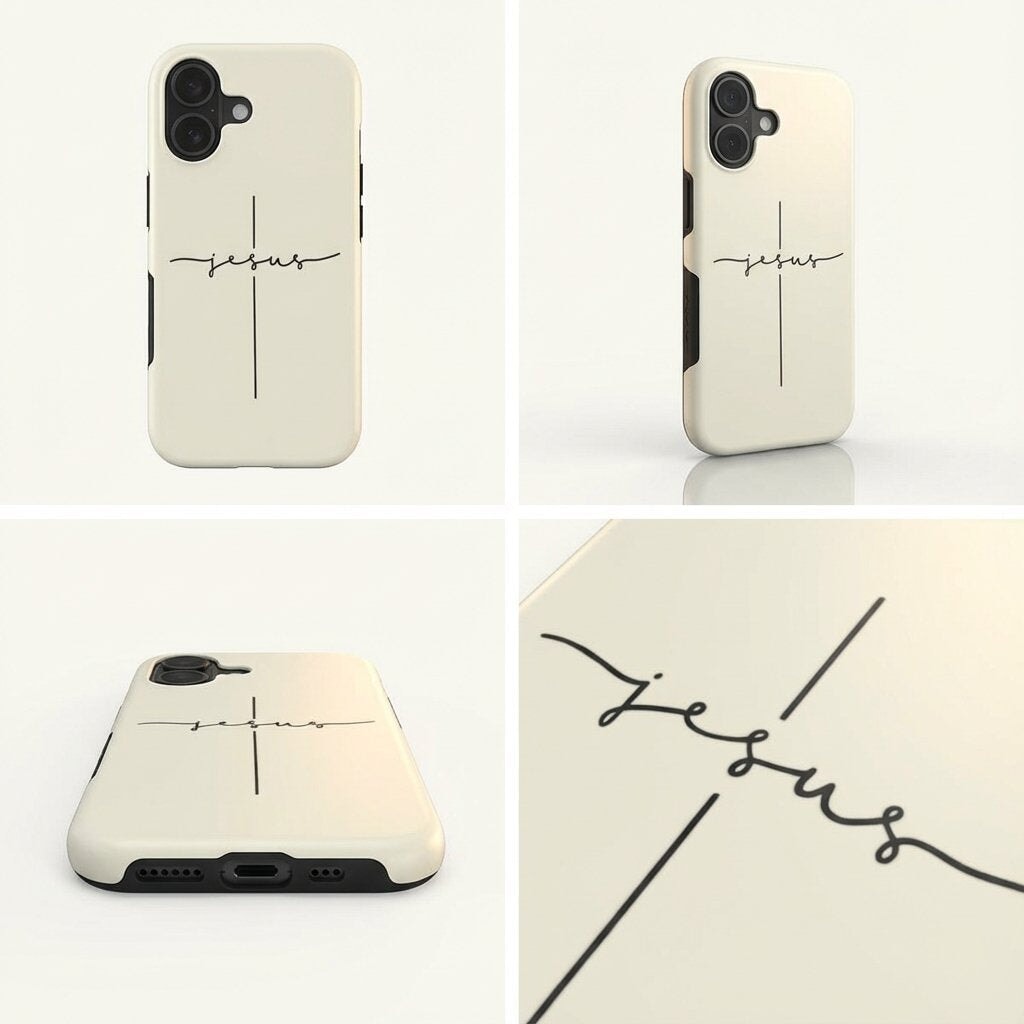 Handyhülle mit Motiv JESUS CROSS in Cremeweiß mit schwarzem Kreuz und Schriftzug – Detailansicht