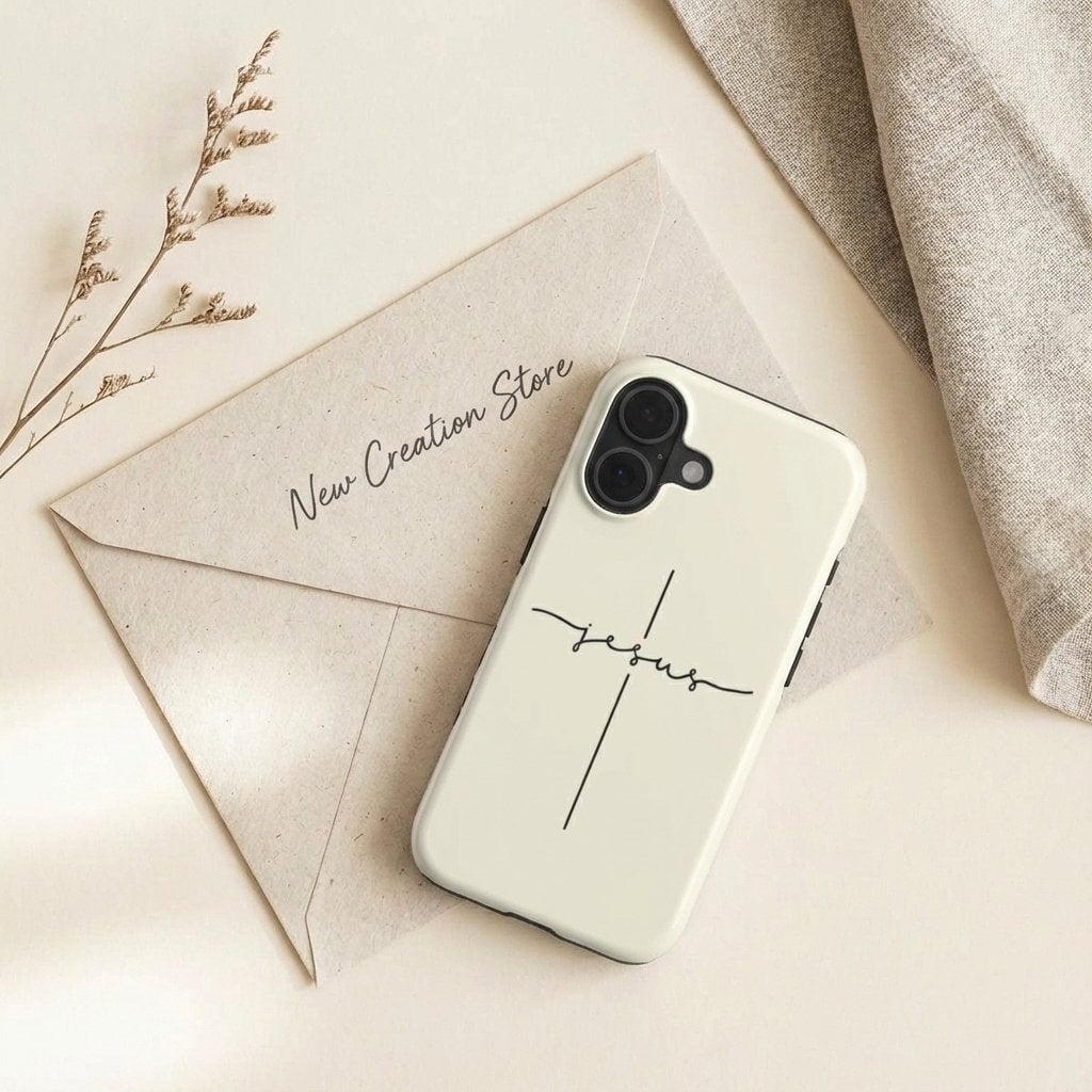 Robuste Handyhülle JESUS CROSS in Cremeweiß auf Kraftpapier mit New Creation Store Schriftzug – Produktfotografie