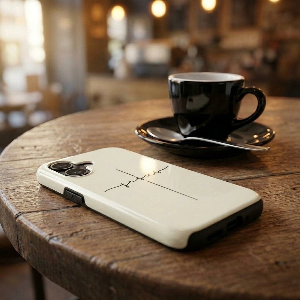 Handyhülle mit Motiv JESUS CROSS in cremeweiß liegt auf Holztisch neben Kaffeetasse – Lifestyle
