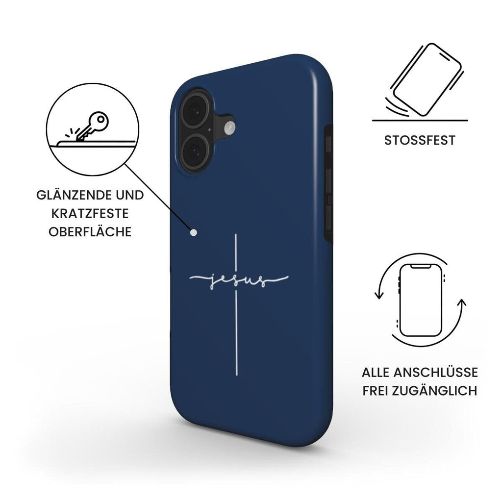 Robuste Handyhülle JESUS CROSS in Dunkelblau mit Produktfeatures und deutschen Beschriftungen – Infografik