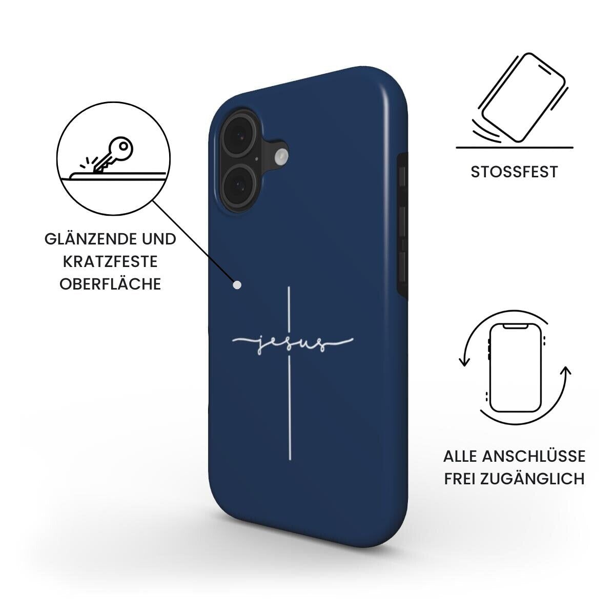 Robuste Handyhülle JESUS CROSS in Dunkelblau mit Produktfeatures und deutschen Beschriftungen – Infografik