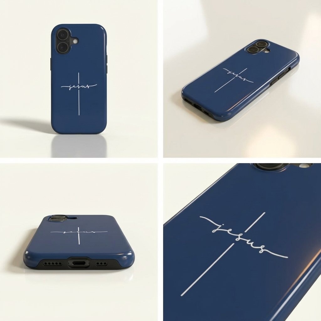 Handyhülle mit Motiv JESUS CROSS in dunkelblau aus vier Winkeln – Produktfotografie