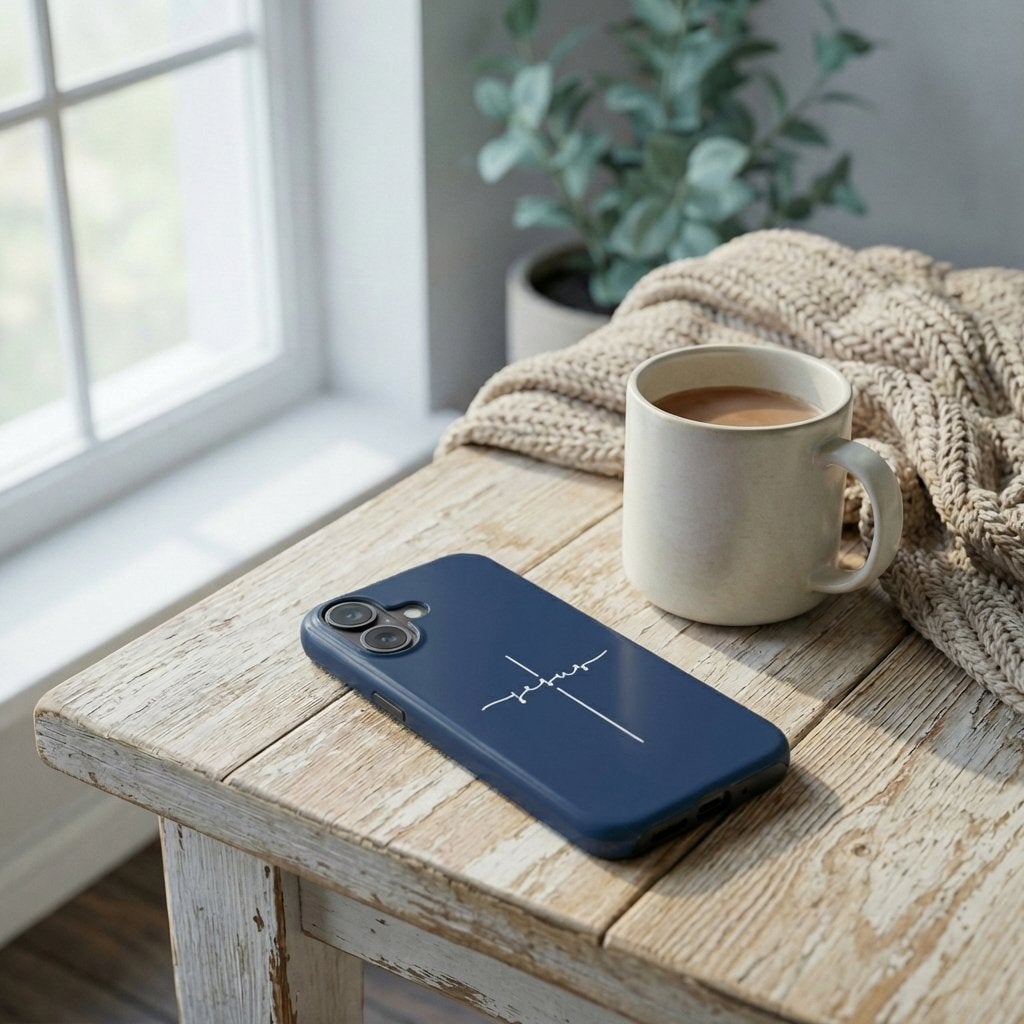 Handyhülle Glaube JESUS CROSS in Dunkelblau auf rustikalem Holztisch neben Kaffeetasse – Lifestyle