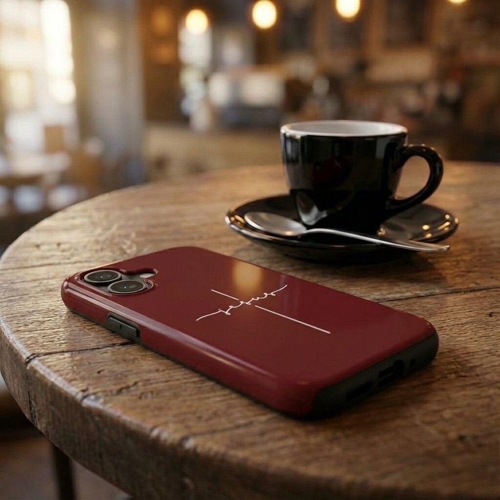Handyhülle mit Motiv JESUS CROSS in Dunkelrot auf Holztisch neben Kaffeetasse – Lifestyle