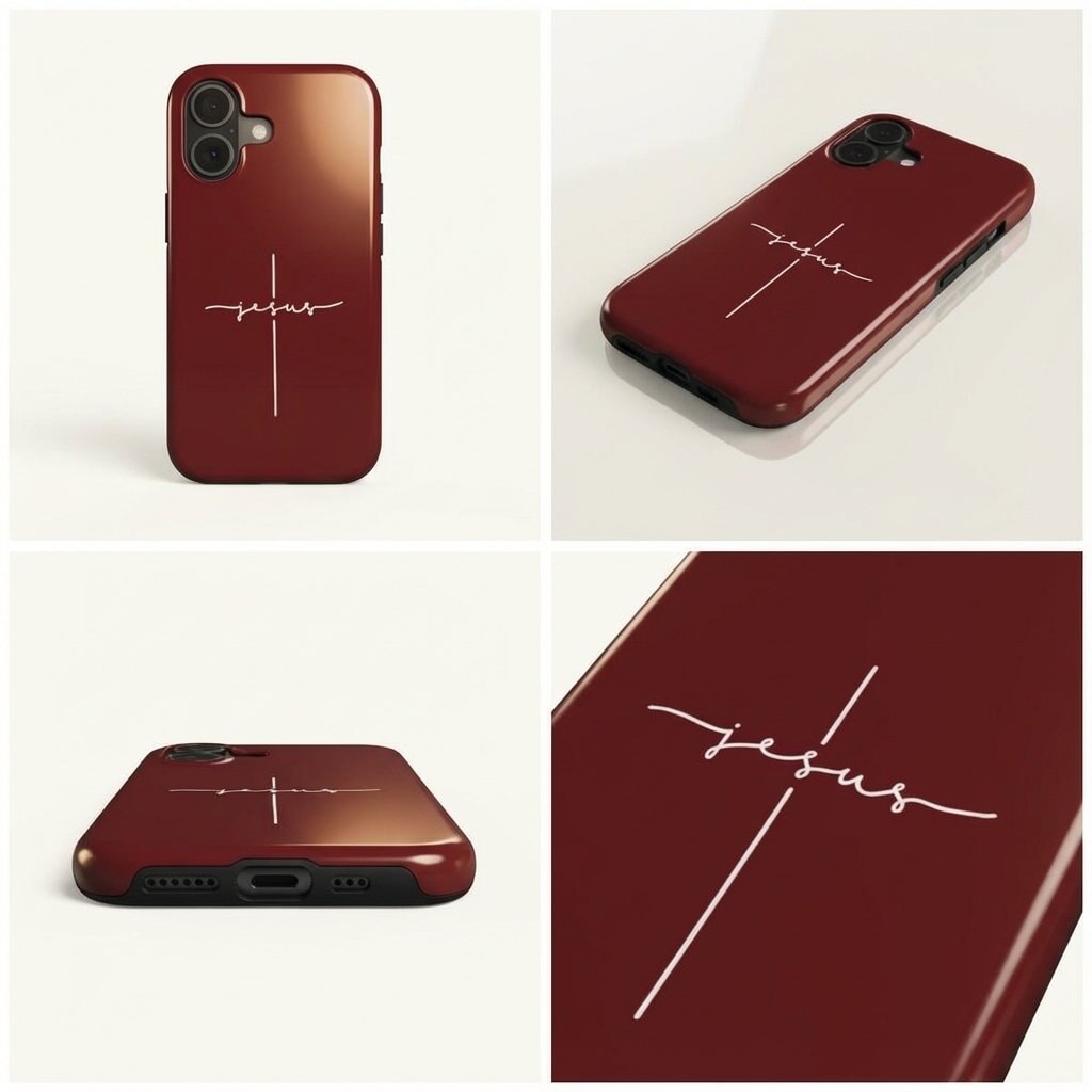 Robuste Handyhülle JESUS CROSS in dunkelroter Farbe mit weißem Kreuz-Design – Rückansicht