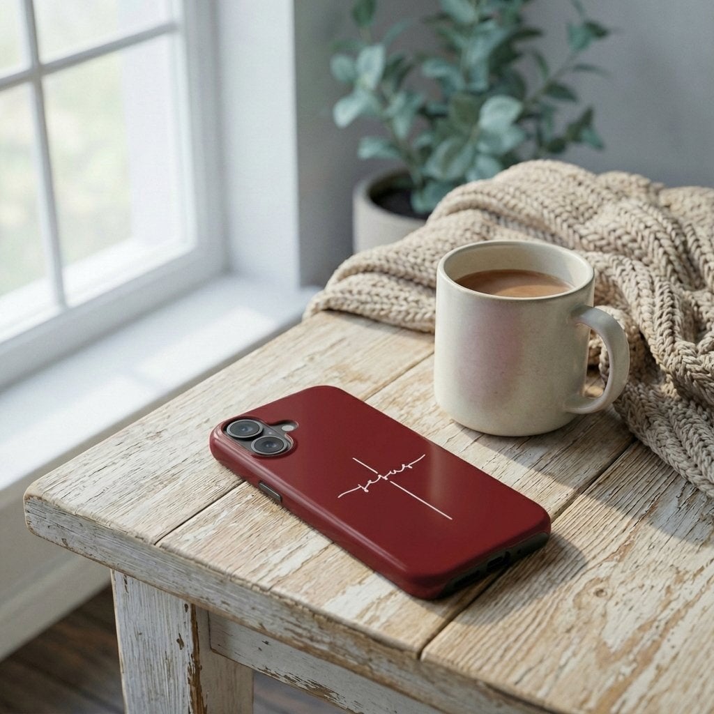 Handyhülle mit Motiv JESUS CROSS in dunkelroter Farbe neben Kaffeetasse und Strickdecke – Lifestyle