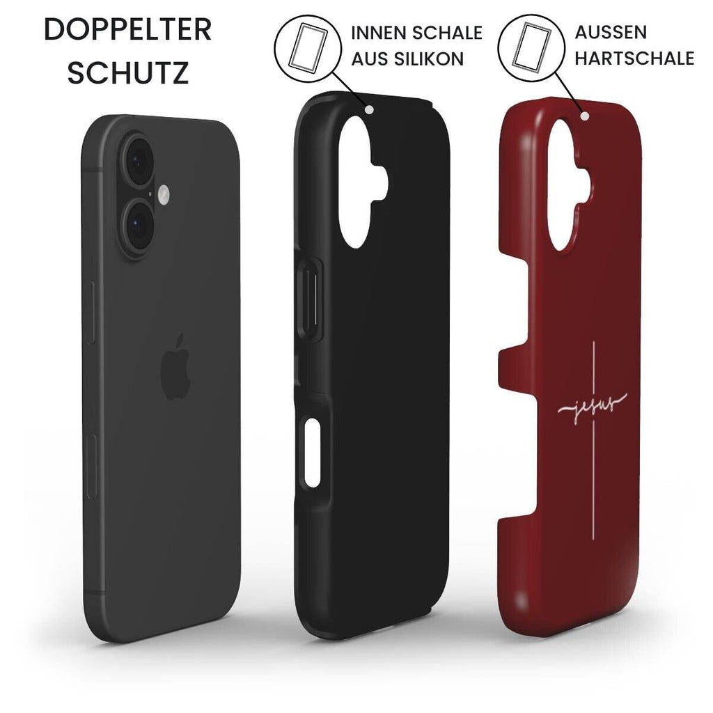 Robuste Handyhülle JESUS CROSS mit iPhone und zweiteiligem Schutzsystem in Dunkelrot – Infografik