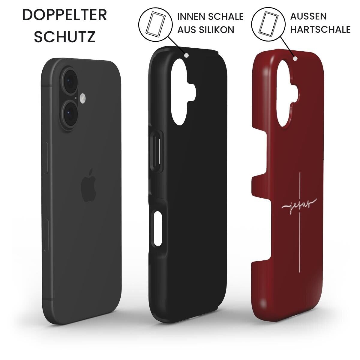 Robuste Handyhülle JESUS CROSS mit iPhone und zweiteiligem Schutzsystem in Dunkelrot – Infografik